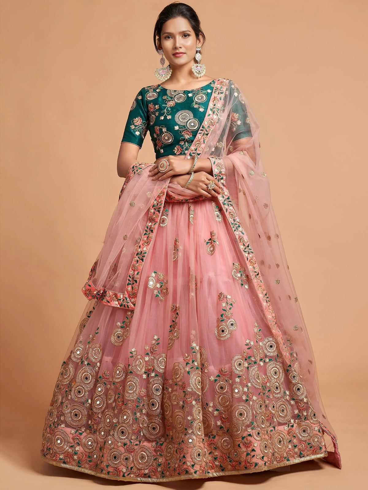 Tulsi Art Peach Thread Embroidered Net Party Wear Lehenga Choli | Grocsy