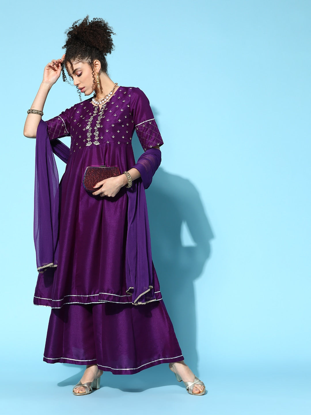 Sangria Women Purple & Silver Ethnic Motifs Gotta Patti Kurta with Palazzos & Dupatta | Grocsy
