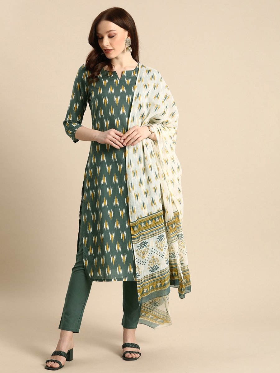 All About You Women Grey Ikat Printed Pure Cotton Kurta with Trousers & Dupatta | Grocsy