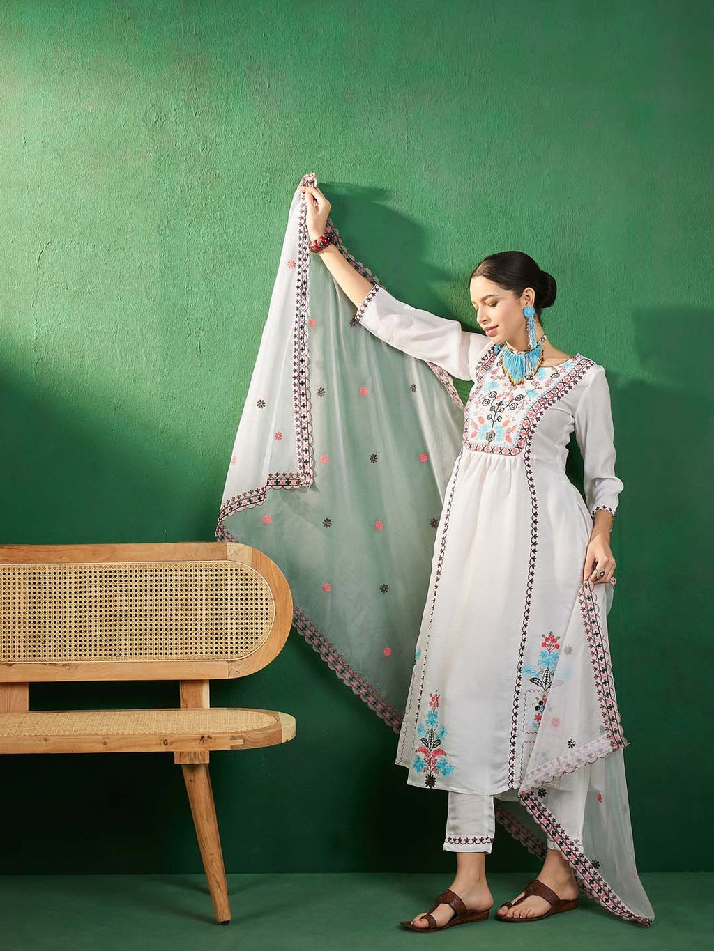 Sangria Off White Embroidered A-Line Kurta With Trouser & Dupatta | Grocsy