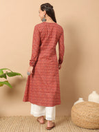 FIORRA Women's Floral Printed Red Cotton A-Line Kurta | Grocsy