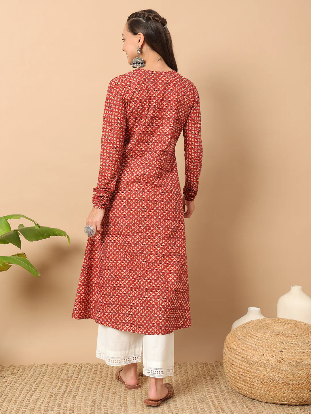 FIORRA Women's Floral Printed Red Cotton A-Line Kurta | Grocsy