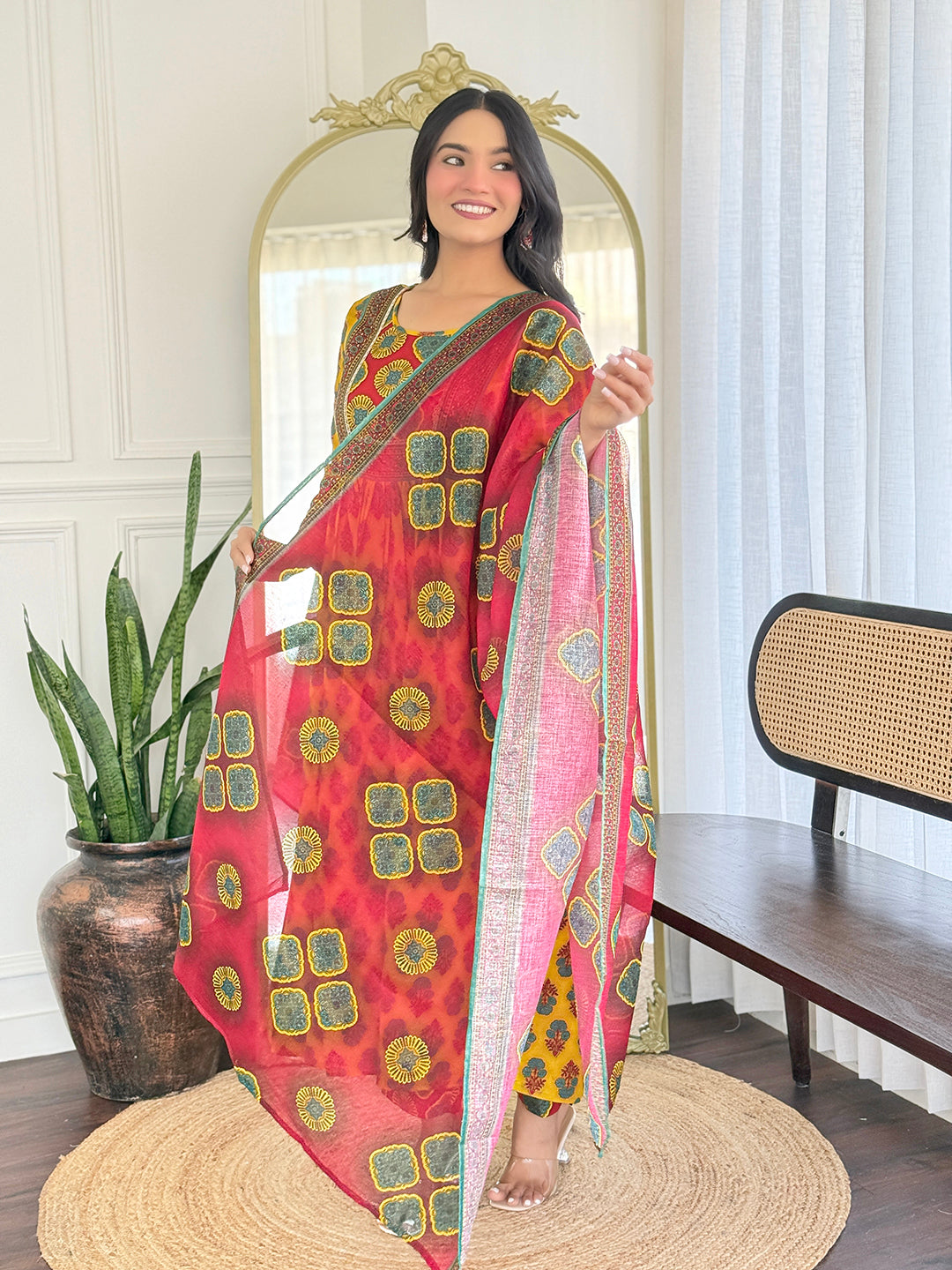 The52 Women's Gorgeous Rayon Printed Flared Kurta with Pant And Dupatta Set | Grocsy
