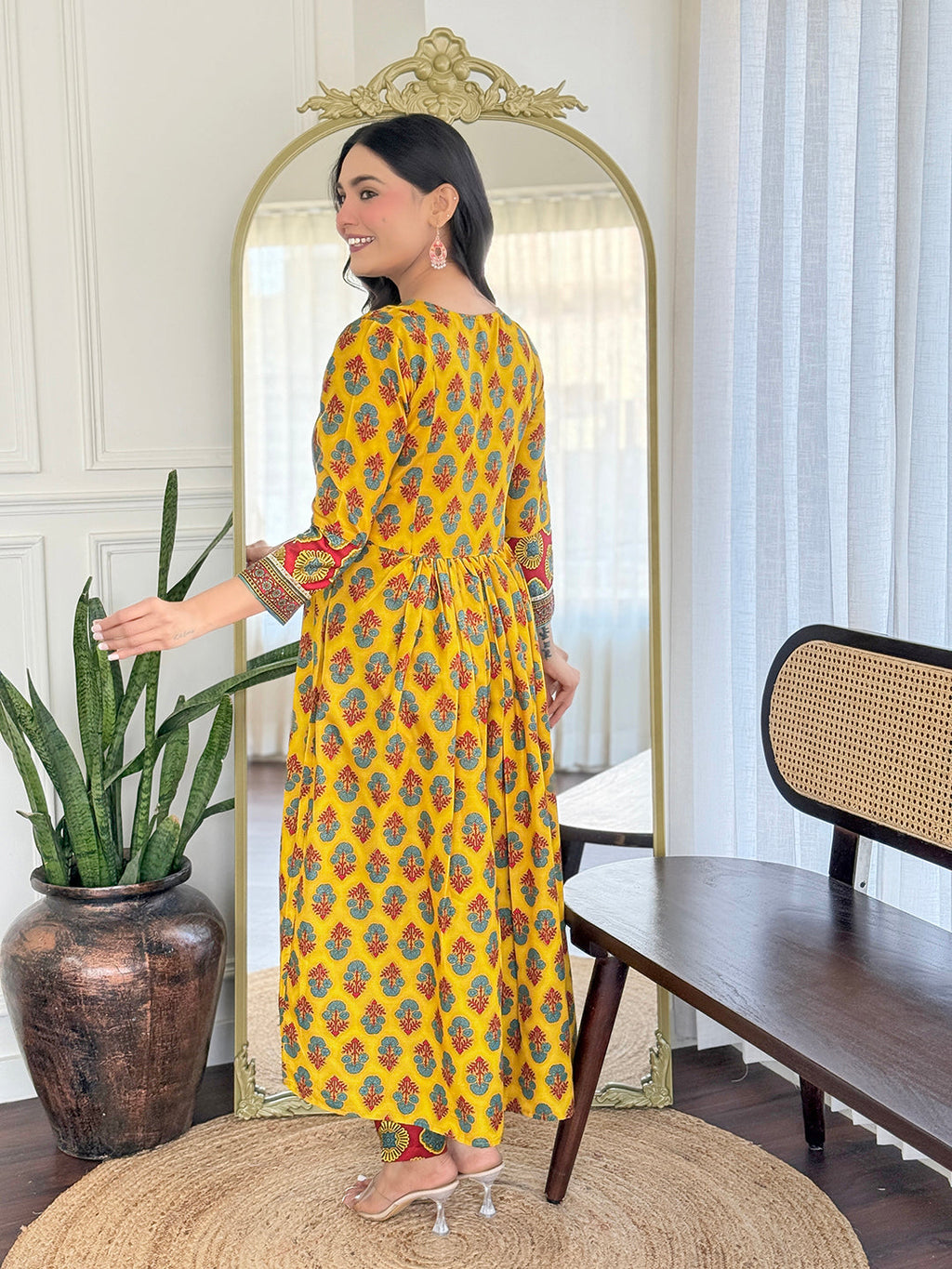 The52 Women's Gorgeous Rayon Printed Flared Kurta with Pant And Dupatta Set | Grocsy