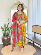 The52 Women's Gorgeous Rayon Printed Flared Kurta with Pant And Dupatta Set | Grocsy