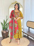 The52 Women's Gorgeous Rayon Printed Flared Kurta with Pant And Dupatta Set | Grocsy