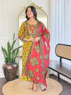 The52 Women's Gorgeous Rayon Printed Flared Kurta with Pant And Dupatta Set | Grocsy