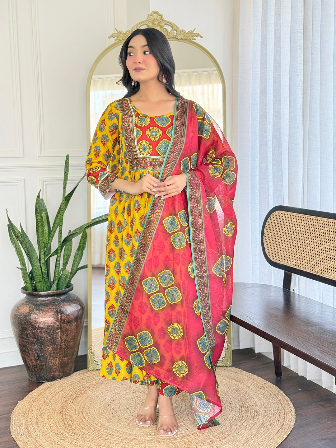 The52 Women's Gorgeous Rayon Printed Flared Kurta with Pant And Dupatta Set | Grocsy
