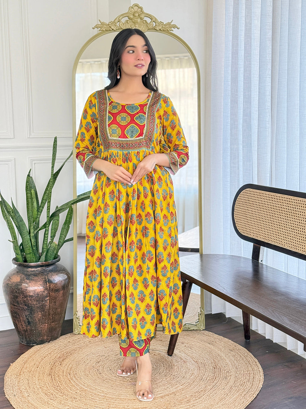 The52 Women's Gorgeous Rayon Printed Flared Kurta with Pant And Dupatta Set | Grocsy