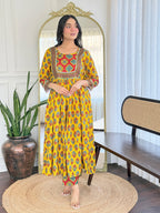 The52 Women's Gorgeous Rayon Printed Flared Kurta with Pant And Dupatta Set | Grocsy