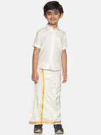 Sethukrishna Boys Cream-Coloured Solid Shirt with Veshti Set | Grocsy