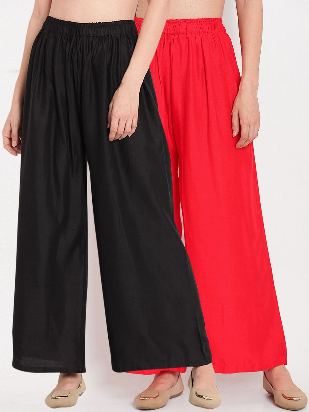 TAG 7 Women Pack of 2 Black & Red Solid Flared Palazzos | Grocsy