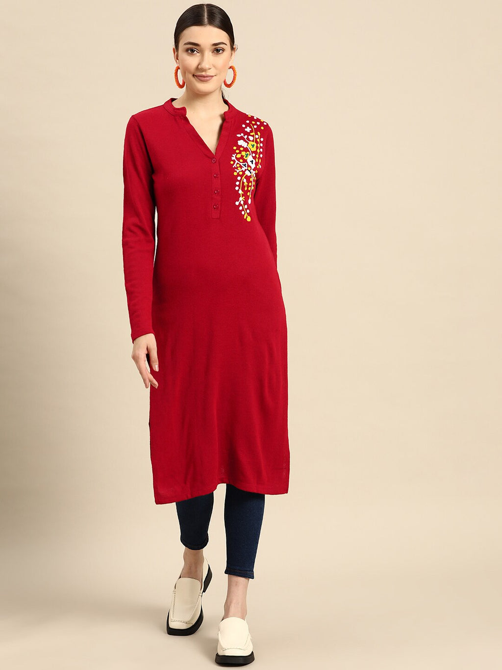 Sangria Women Red & White Floral Winter Straight Kurta | Grocsy