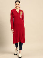 Sangria Women Red & White Floral Winter Straight Kurta | Grocsy