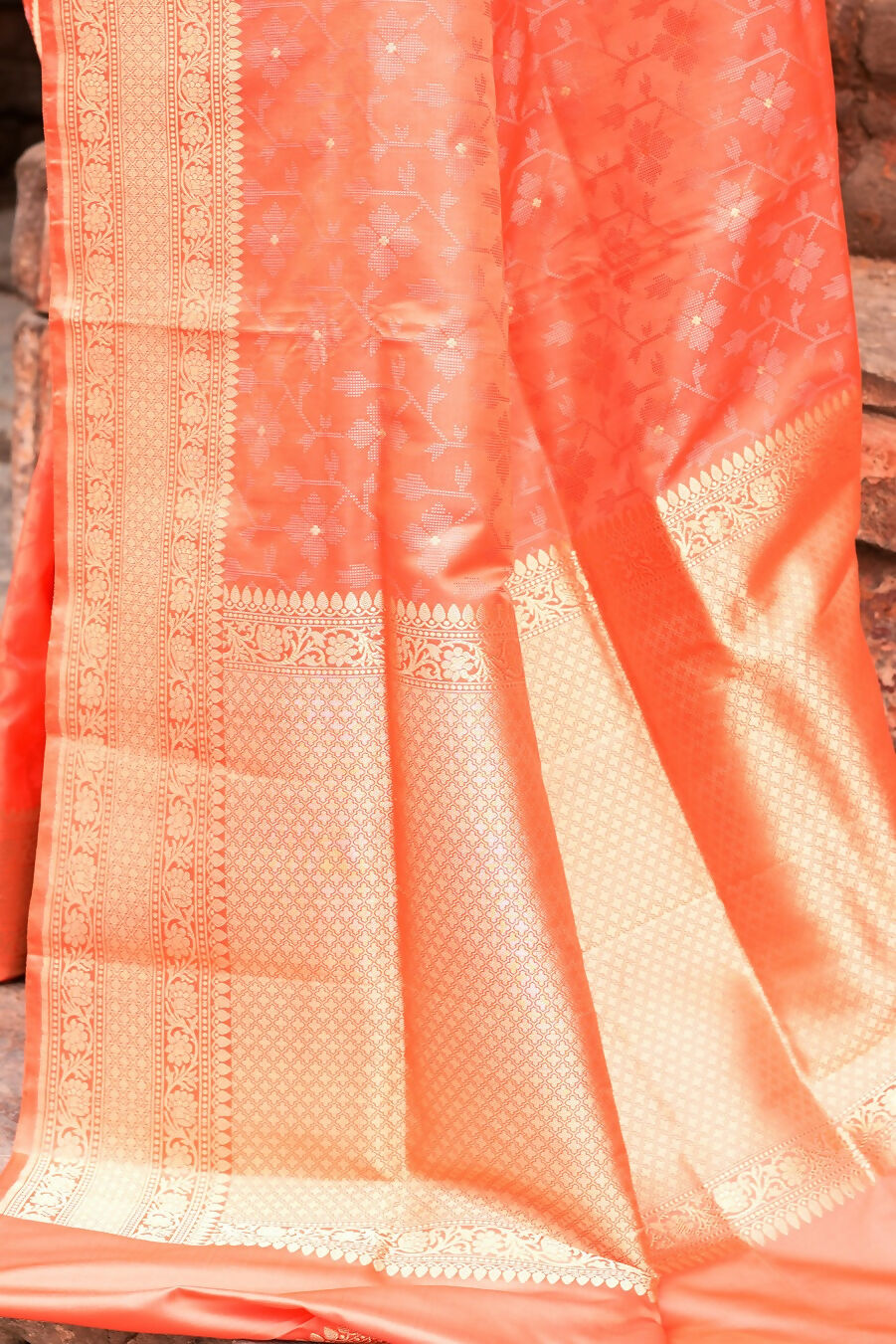 Joban Fashion Peach Banarasi Katan Pure Handloom Banarasi Silk Saree | Grocsy