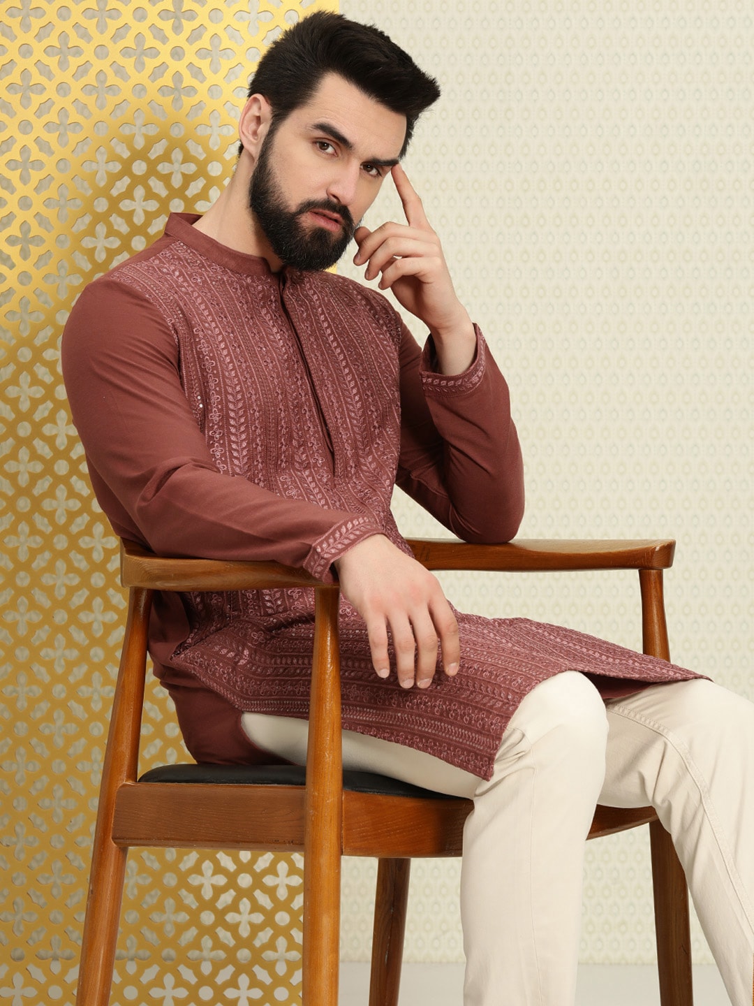 House of Pataudi Men Floral Embroidered Sequined Floral Jashn Kurta | Grocsy