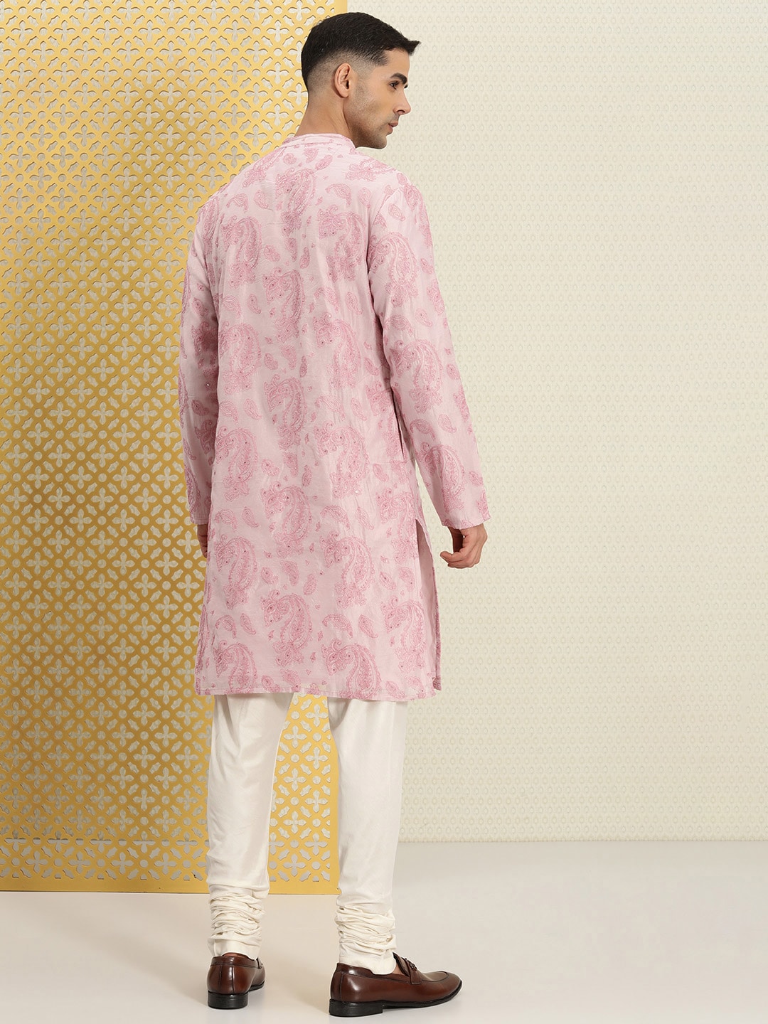House of Pataudi Men Paisley Embroidered Sequinned Thread Work Jashn Kurta with Churidar | Grocsy