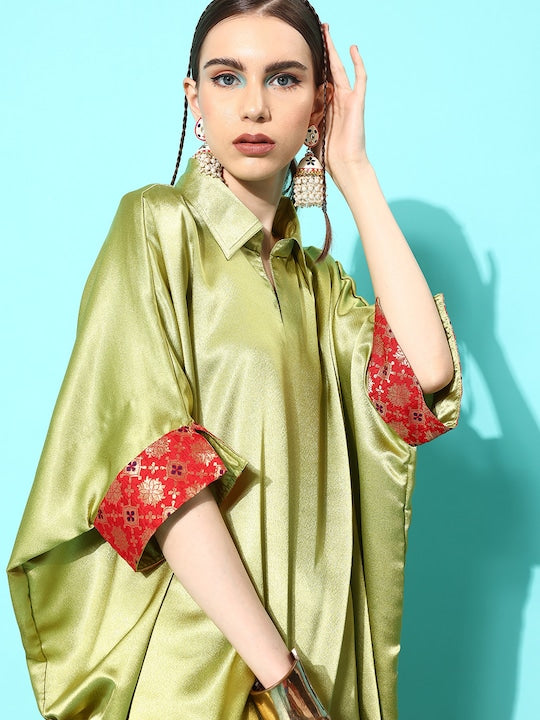 InWeave Women's Olive Red Brocade Satin Boho Kurta Palazzo Set | Grocsy