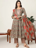 Yufta Pink And Gray Cotton Dori_Embroidery Anarkali Kurta Dupatta Pant Set | Grocsy