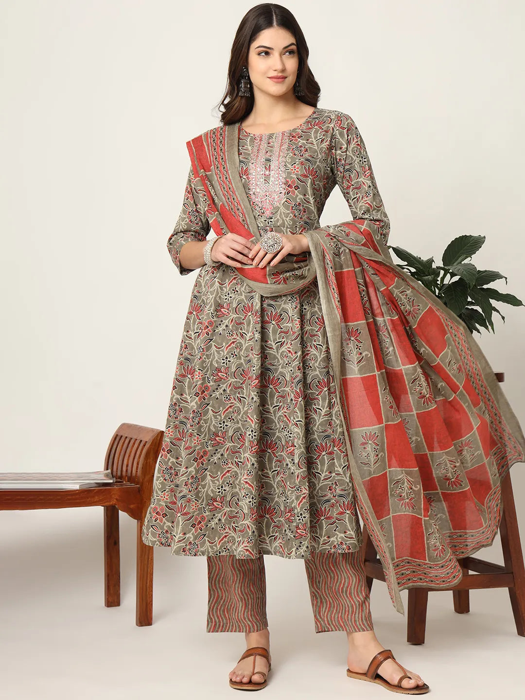 Yufta Pink And Gray Cotton Dori_Embroidery Anarkali Kurta Dupatta Pant Set | Grocsy