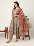Yufta Pink And Gray Cotton Dori_Embroidery Anarkali Kurta Dupatta Pant Set | Grocsy
