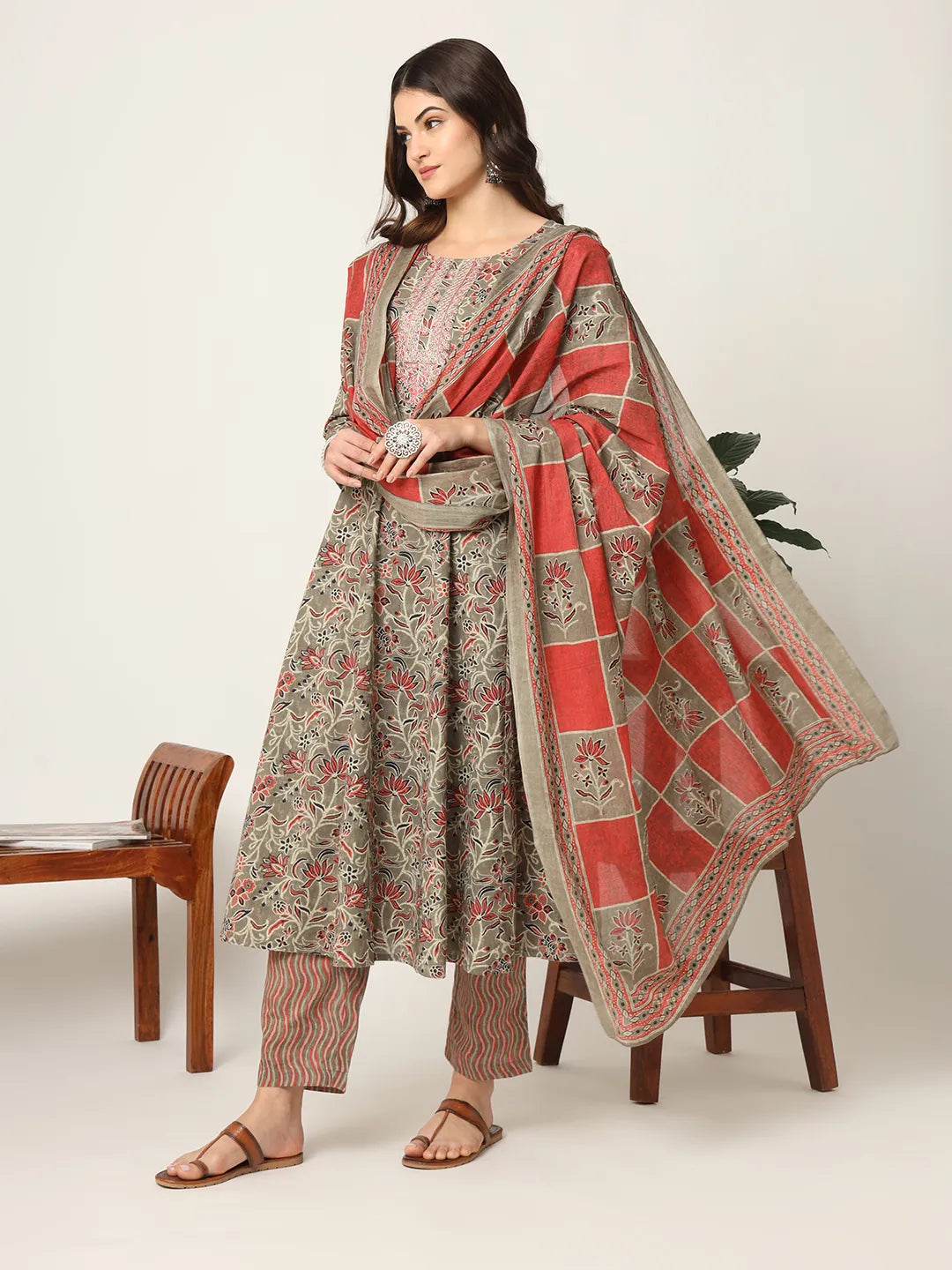 Yufta Pink And Gray Cotton Dori_Embroidery Anarkali Kurta Dupatta Pant Set | Grocsy