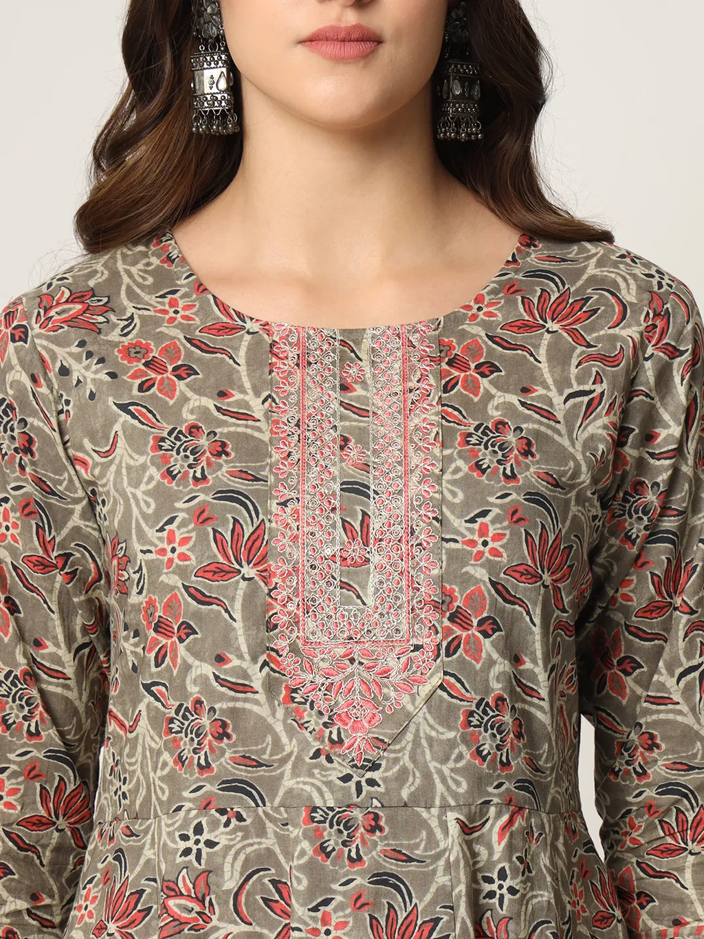 Yufta Pink And Gray Cotton Dori_Embroidery Anarkali Kurta Dupatta Pant Set | Grocsy
