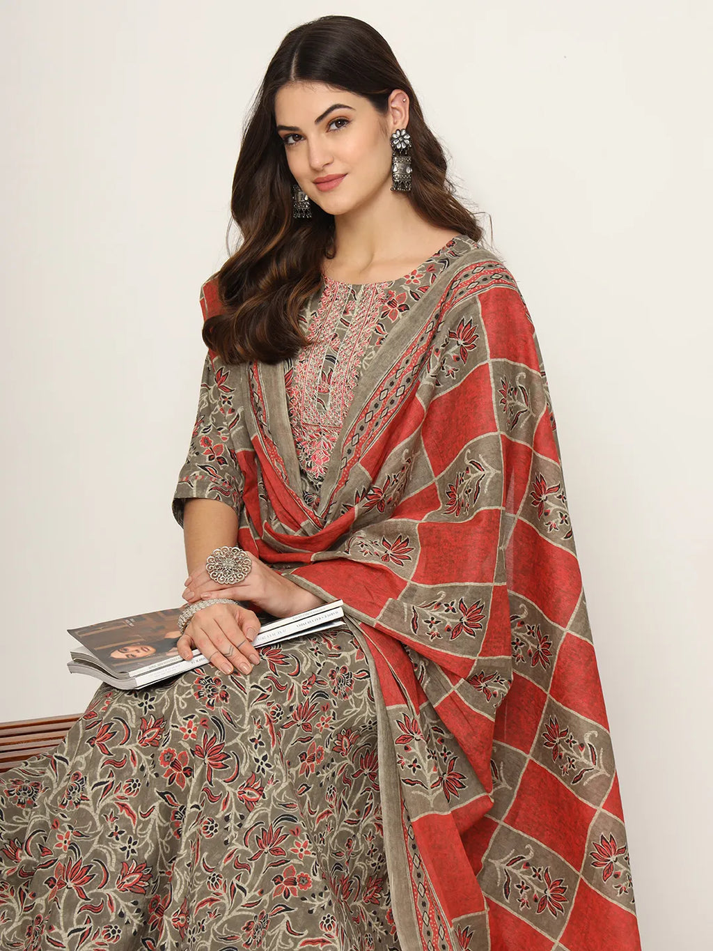 Yufta Pink And Gray Cotton Dori_Embroidery Anarkali Kurta Dupatta Pant Set | Grocsy