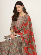 Yufta Pink And Gray Cotton Dori_Embroidery Anarkali Kurta Dupatta Pant Set | Grocsy