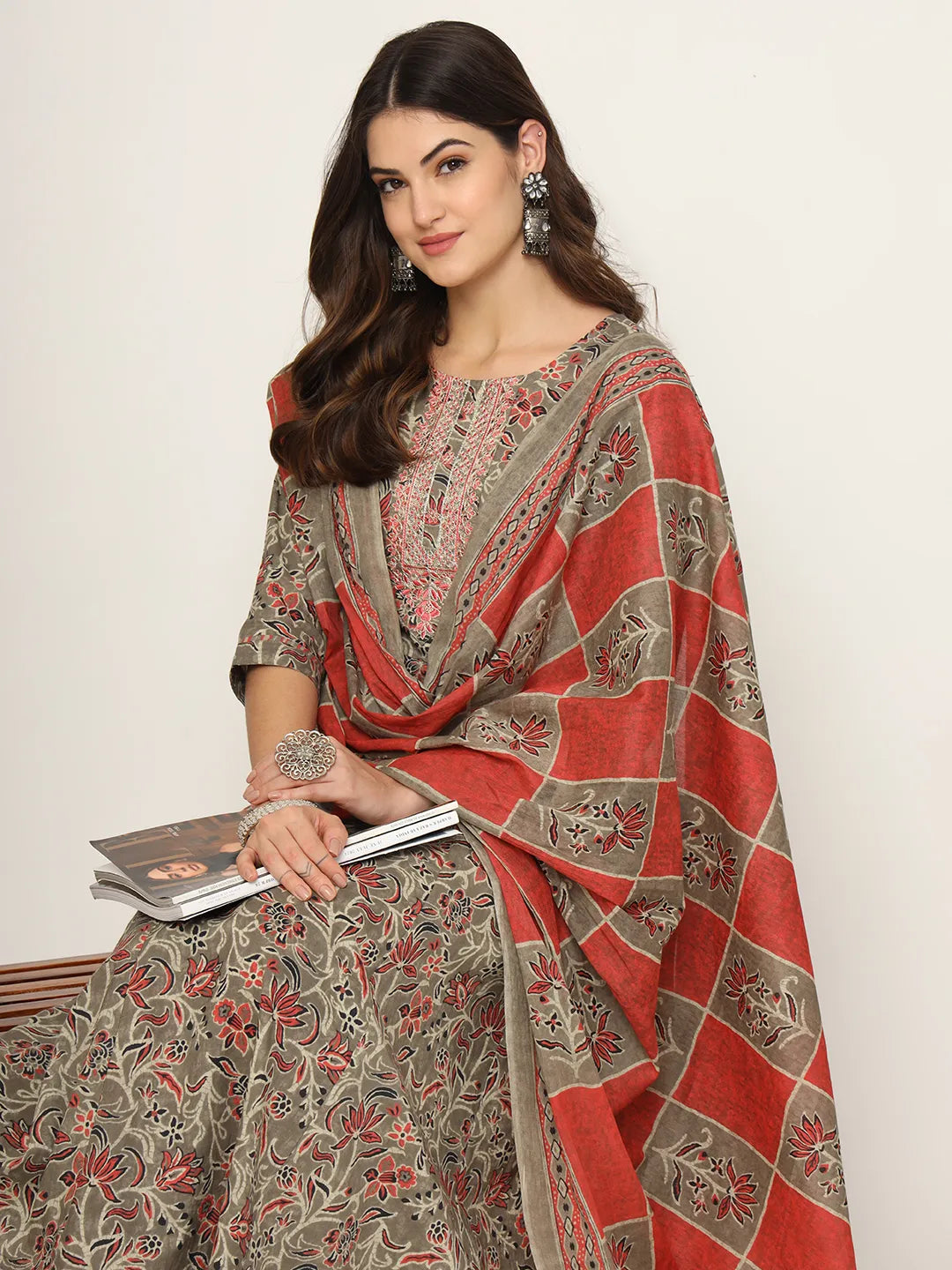 Yufta Pink And Gray Cotton Dori_Embroidery Anarkali Kurta Dupatta Pant Set | Grocsy