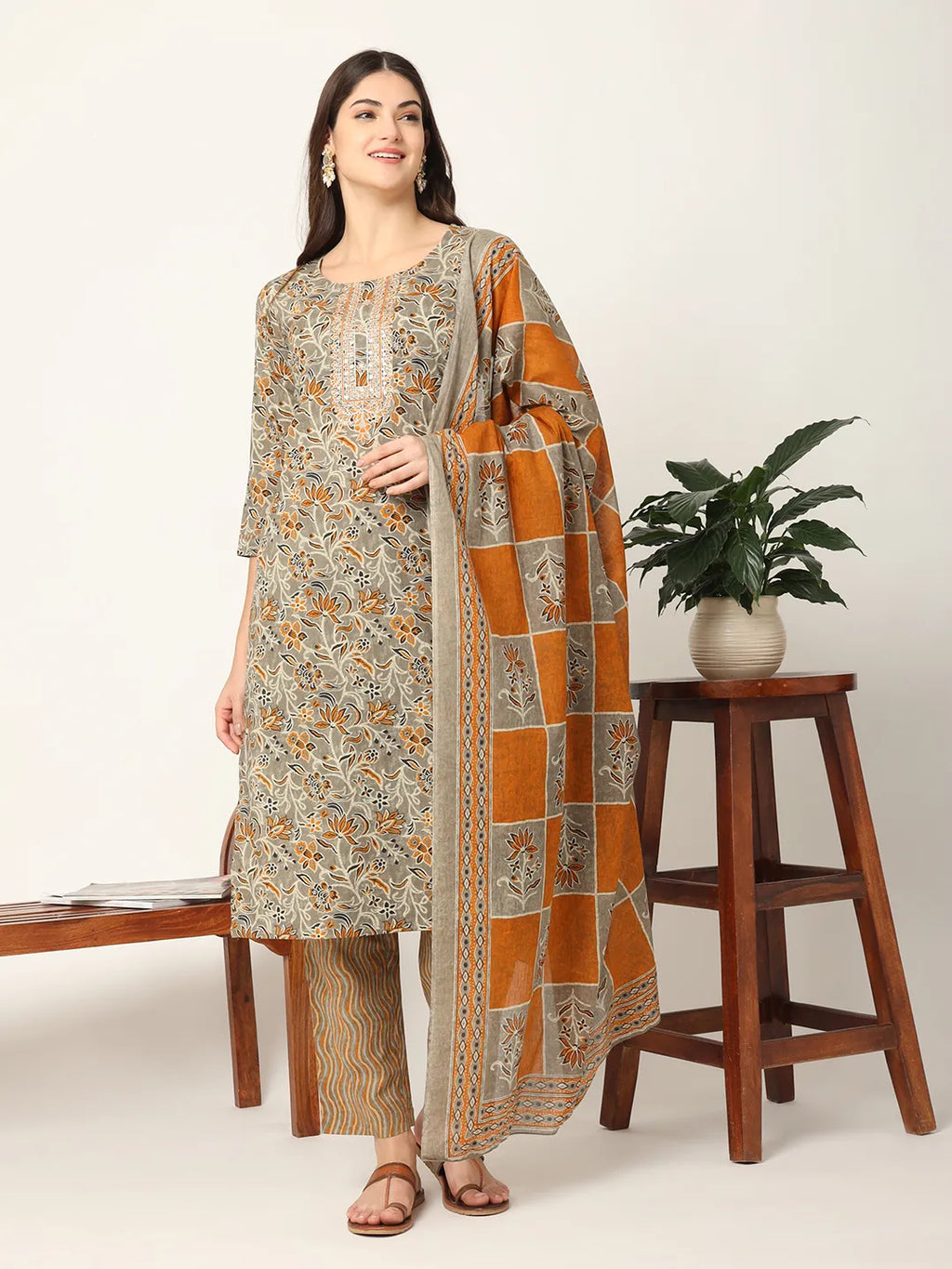 Yufta Mustard And Gray Cotton Dori_Embroidery Kurta Dupatta Pant Set | Grocsy