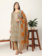 Yufta Mustard And Gray Cotton Dori_Embroidery Kurta Dupatta Pant Set | Grocsy