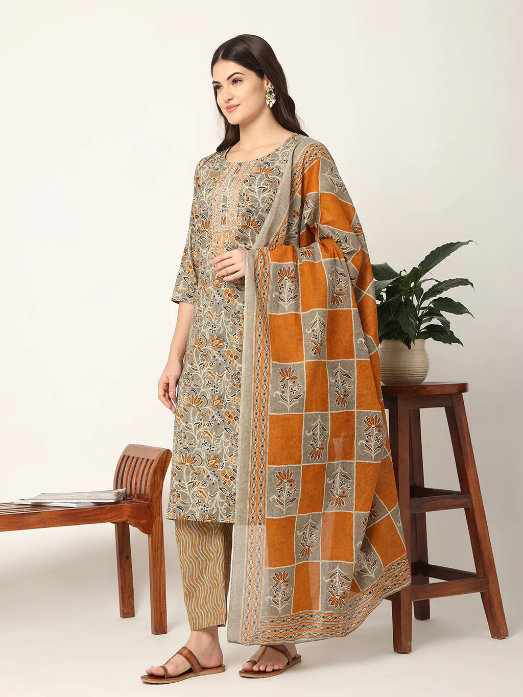 Yufta Mustard And Gray Cotton Dori_Embroidery Kurta Dupatta Pant Set | Grocsy