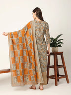Yufta Mustard And Gray Cotton Dori_Embroidery Kurta Dupatta Pant Set | Grocsy