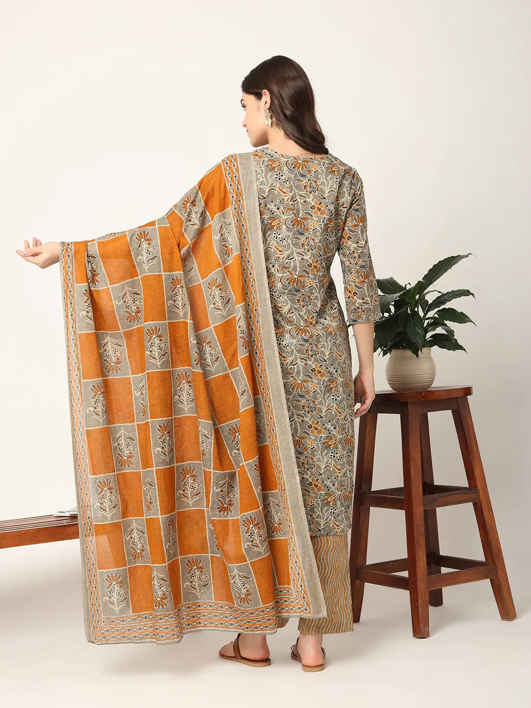 Yufta Mustard And Gray Cotton Dori_Embroidery Kurta Dupatta Pant Set | Grocsy