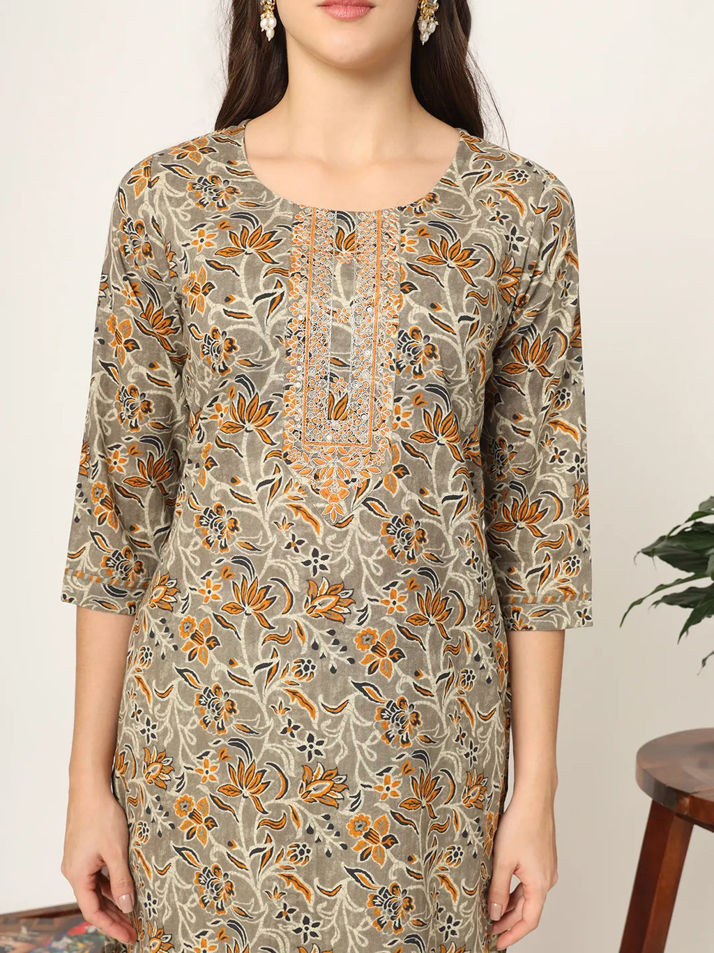 Yufta Mustard And Gray Cotton Dori_Embroidery Kurta Dupatta Pant Set | Grocsy