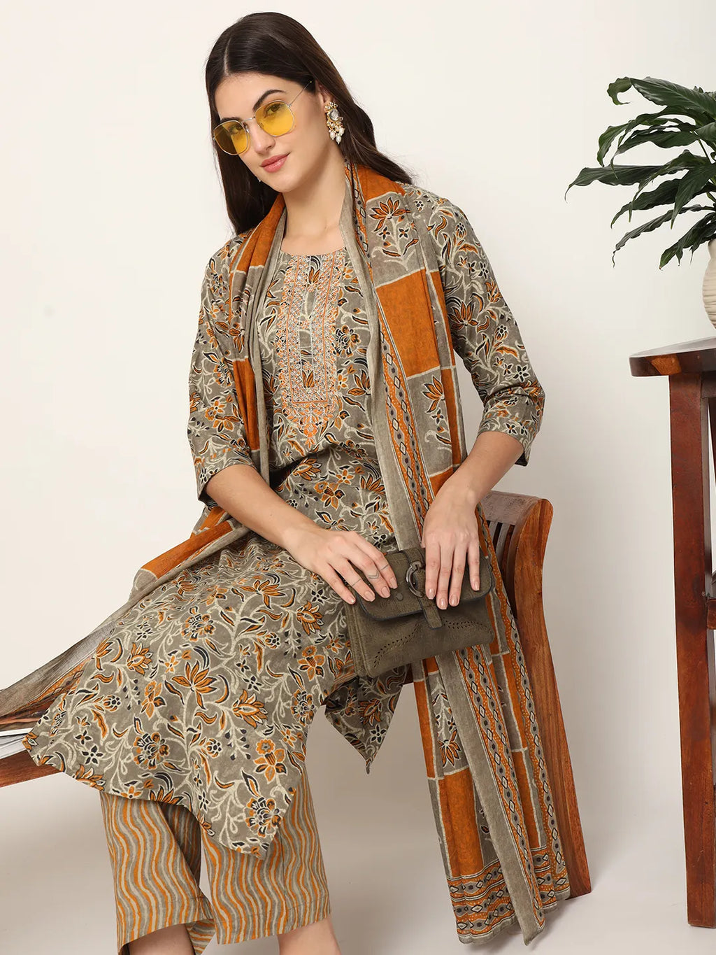 Yufta Mustard And Gray Cotton Dori_Embroidery Kurta Dupatta Pant Set | Grocsy