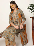 Yufta Mustard And Gray Cotton Dori_Embroidery Kurta Dupatta Pant Set | Grocsy