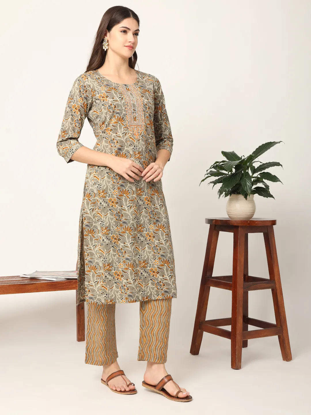 Yufta Mustard And Gray Cotton Dori_Embroidery Kurta Dupatta Pant Set | Grocsy