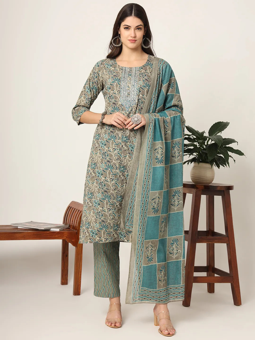 Yufta Cotton Teal Blue And Grey Cotton Dori_Embroidery Kurta Dupatta Pant Set | Grocsy