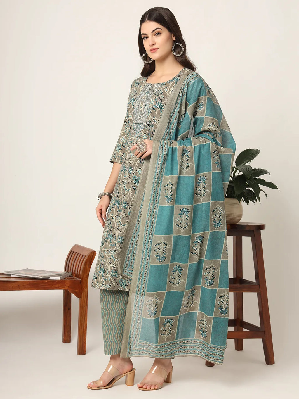 Yufta Cotton Teal Blue And Grey Cotton Dori_Embroidery Kurta Dupatta Pant Set | Grocsy