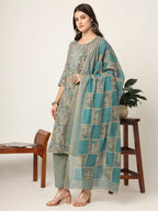 Yufta Cotton Teal Blue And Grey Cotton Dori_Embroidery Kurta Dupatta Pant Set | Grocsy
