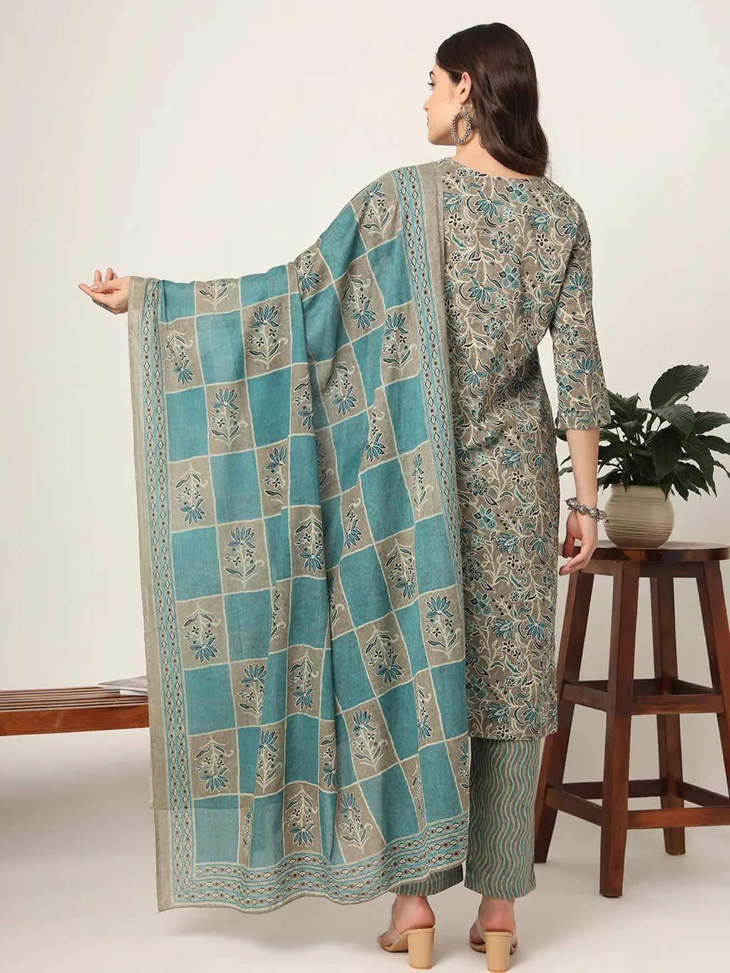 Yufta Cotton Teal Blue And Grey Cotton Dori_Embroidery Kurta Dupatta Pant Set | Grocsy