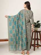 Yufta Cotton Teal Blue And Grey Cotton Dori_Embroidery Kurta Dupatta Pant Set | Grocsy