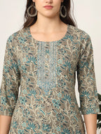 Yufta Cotton Teal Blue And Grey Cotton Dori_Embroidery Kurta Dupatta Pant Set | Grocsy
