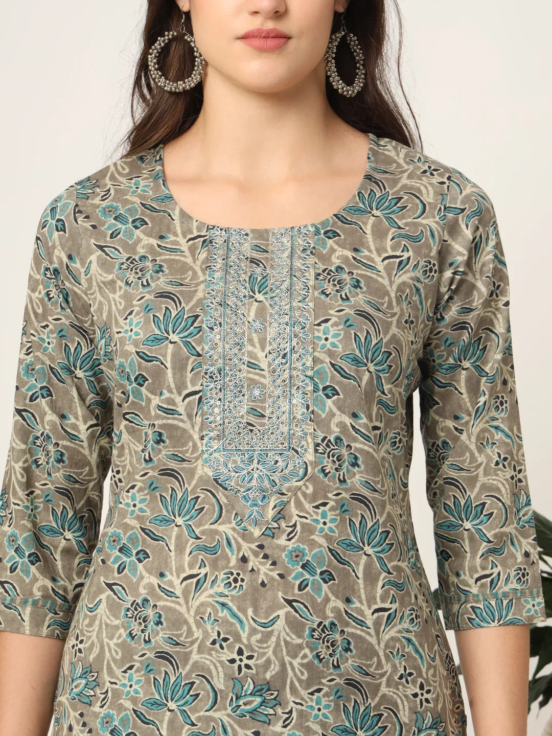 Yufta Cotton Teal Blue And Grey Cotton Dori_Embroidery Kurta Dupatta Pant Set | Grocsy