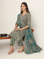 Yufta Cotton Teal Blue And Grey Cotton Dori_Embroidery Kurta Dupatta Pant Set | Grocsy