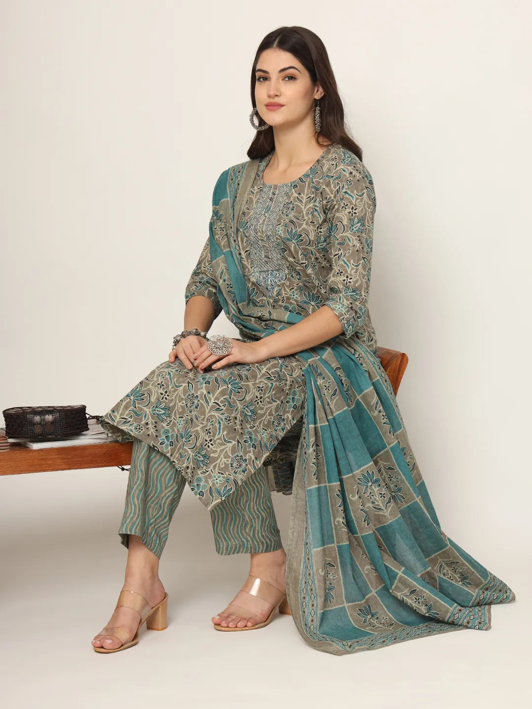 Yufta Cotton Teal Blue And Grey Cotton Dori_Embroidery Kurta Dupatta Pant Set | Grocsy