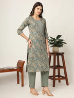 Yufta Cotton Teal Blue And Grey Cotton Dori_Embroidery Kurta Dupatta Pant Set | Grocsy
