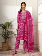 Yufta Pink Pure Cotton Floral Print Embroidered Kurta Dupatta Pant Set | Grocsy